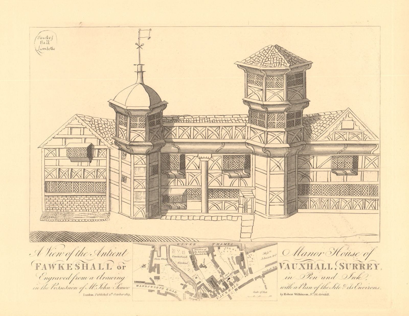 VAUXHALL or Fawkeshall. Manor House & map. Wandsworth Road. WILKINSON 1834